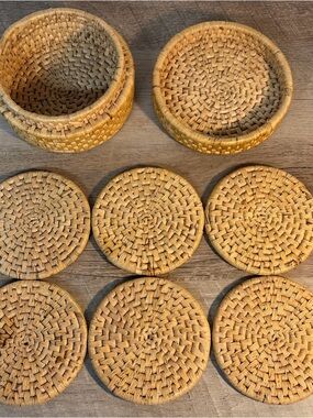 Vintage BOHO Handwoven Tan Rattan Coaster Set with Storage Basket